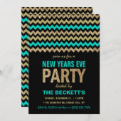 Turquoise & Gold Glitter Chevron New Years Party Kaart (Voorkant / Achterkant)