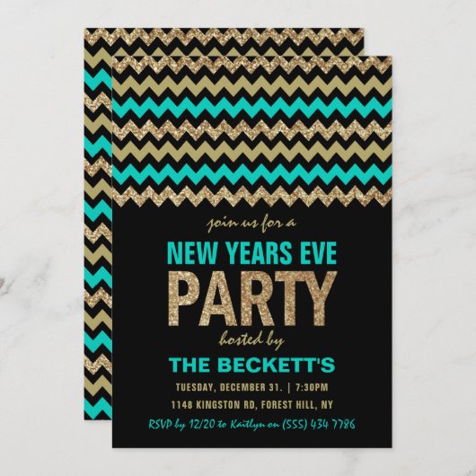 Turquoise & Gold Glitter Chevron New Years Party Kaart (Voorkant / Achterkant)