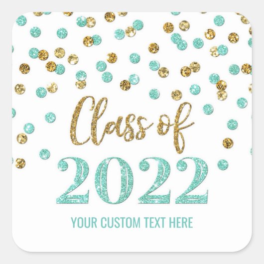 Turquoise Gold Glitter Confetti Afstuderen 2022 Vierkante Sticker (Voorkant)
