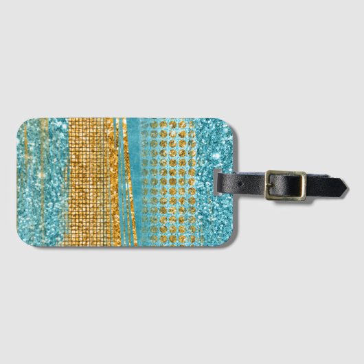 Turquoise Gold Glitter Elegant Chic Bagagelabel (Voorkant (horizontaal))