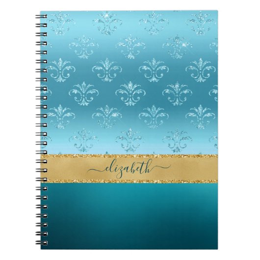 Turquoise Gold Glitter Elegant Glam Personaliseert Notitieboek (Voorkant)