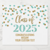 Turquoise Gold Glitter Klasse van 2025 Afstuderen Sparkling Wijnetiket (Enkel label)