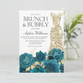 Turquoise Gold Gown Vrijgezellenfeest Brunch & Bub Kaart (Staand voorkant)