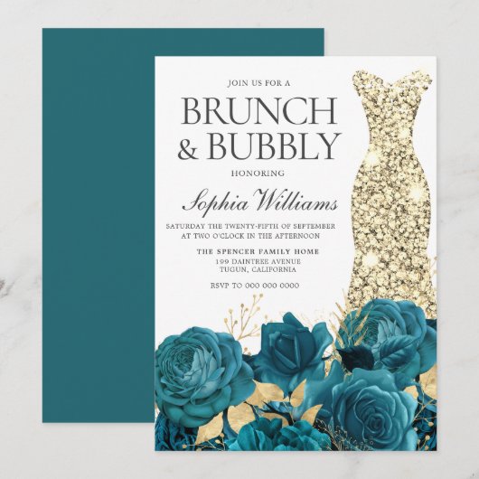 Turquoise Gold Gown Vrijgezellenfeest Brunch & Bub Kaart (Voorkant / Achterkant)