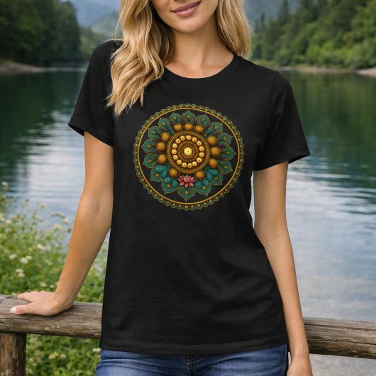Turquoise Gold Lotus Mandala Art Boho Yoga Graphic T-shirt
