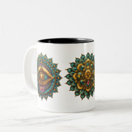 Turquoise Gold Lotus Mandala - Fantasy Graphic Art Tweekleurige Koffiemok