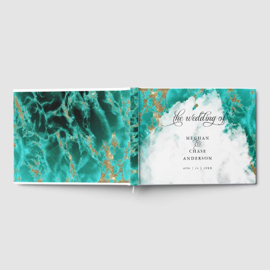 Turquoise Gold Marble Waterverf BarefootBride™ Gastenboek (Volledig)