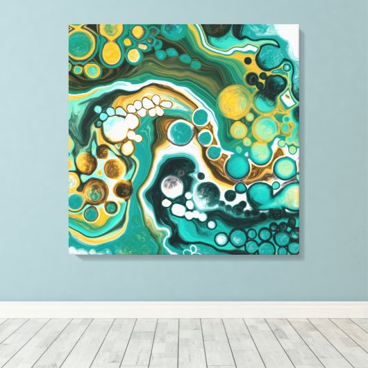 Turquoise, Gold, marmer Fluid Art Canvas Afdruk (Insitu (Houten vloer))