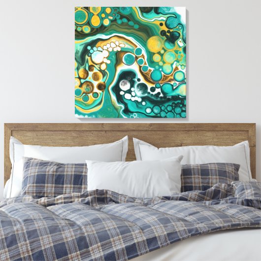 Turquoise, Gold, marmer Fluid Art Canvas Afdruk (Insitu (Slaapkamer))