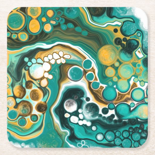 Turquoise, Gold, marmer Fluid Art Kartonnen Onderzetters (Voorkant)