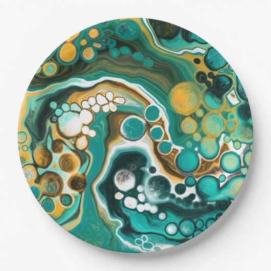 Turquoise, Gold, marmer Fluid Art Papieren Bordje (Voorkant)