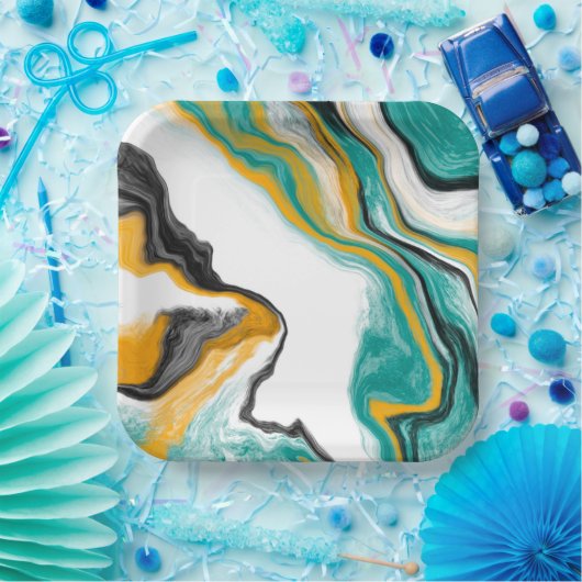 Turquoise, Gold, marmer Fluid Art Papieren Bordje (Feest)