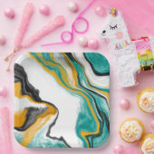 Turquoise, Gold, marmer Fluid Art Papieren Bordje (Feest)