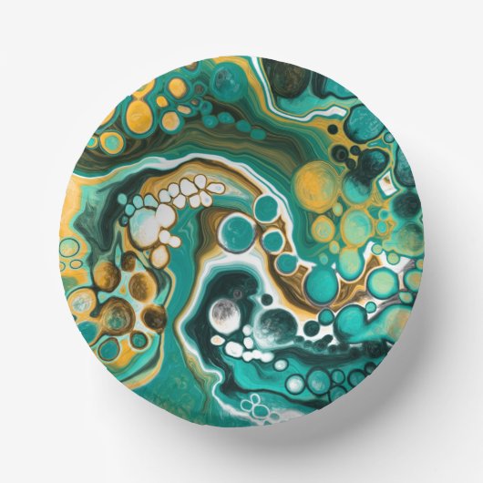 Turquoise, Gold, marmer Fluid Art Papieren Kommen (Voorkant)