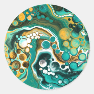 Turquoise, Gold, marmer Fluid Art Ronde Sticker