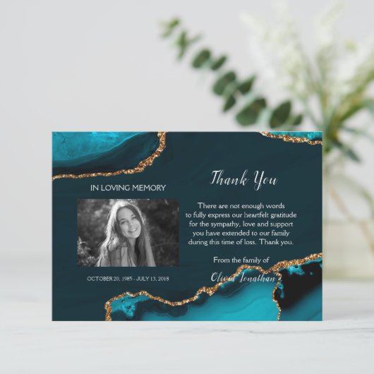 Turquoise & Gold Memorial Dank u kaart (Staand voorkant)