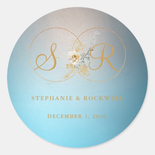 Turquoise Gold Monogram Name Initiaal Wedding Ronde Sticker (Voorkant)