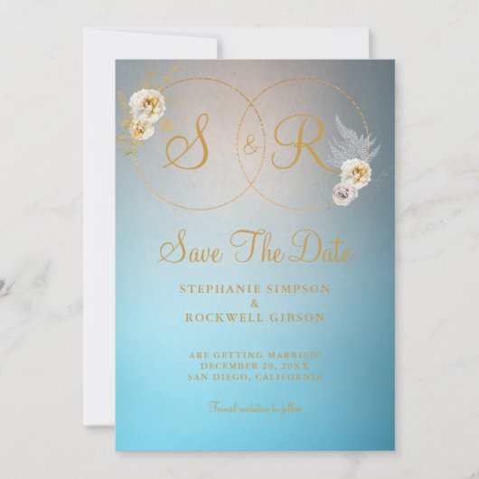 Turquoise Gold Monogram Name Initiaal Wedding Save The Date (Voorkant)