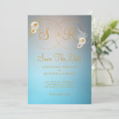 Turquoise Gold Monogram Name Initiaal Wedding Save The Date (Staand voorkant)