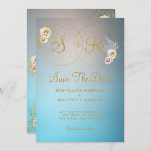 Turquoise Gold Monogram Name Initiaal Wedding Save The Date