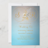 Turquoise Gold Monogram Wedding Kaart (Voorkant)