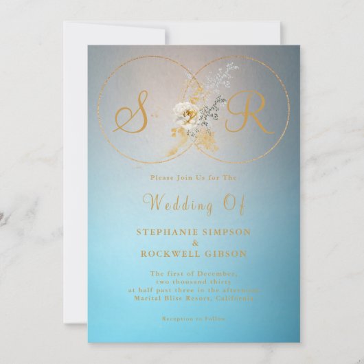 Turquoise Gold Monogram Wedding Kaart (Voorkant)