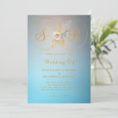 Turquoise Gold Monogram Wedding Kaart (Staand voorkant)