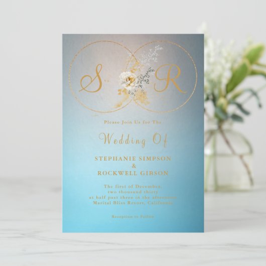 Turquoise Gold Monogram Wedding Kaart (Staand voorkant)