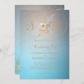 Turquoise Gold Monogram Wedding Kaart (Voorkant / Achterkant)