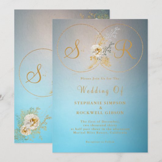 Turquoise Gold Monogram Wedding Kaart (Voorkant / Achterkant)