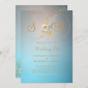 Turquoise Gold Monogram Wedding Kaart