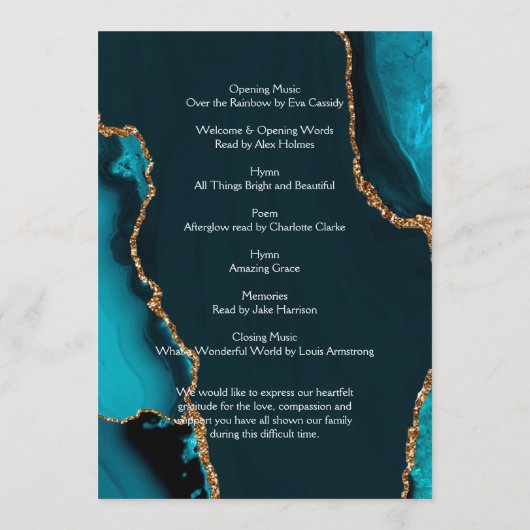 Turquoise & Gold Order of Service Programma Programmakaart (Achterkant)
