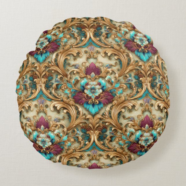 Turquoise & Gold Ornate Damask Rond Kussen (Voorkant)