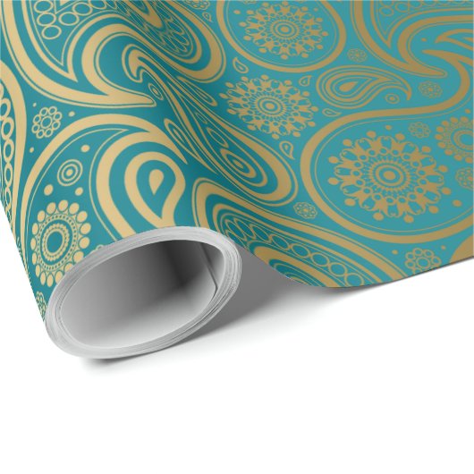 Turquoise & Gold Paisley Pattern Cadeaupapier (Rol Hoek)