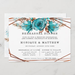Turquoise Gold Peony Geometric Rehearsal Dinner Kaart