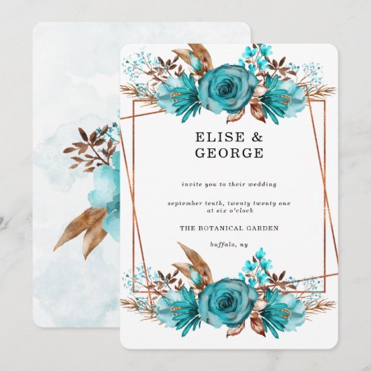  Turquoise Gold Peony Geometric Wedding Inv Kaart (Voorkant / Achterkant)