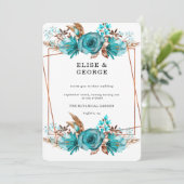  Turquoise Gold Peony Geometric Wedding Inv Kaart (Staand voorkant)