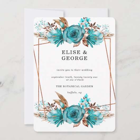  Turquoise Gold Peony Geometric Wedding Inv Kaart (Voorkant)