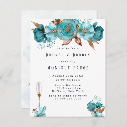 Turquoise Gold Peony Lijst Brunch & Bubble Invites Kaart (Voorkant / Achterkant)