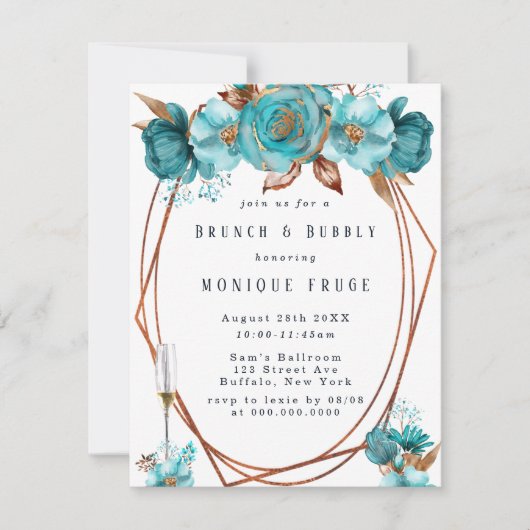 Turquoise Gold Peony Lijst Brunch & Bubble Invites Kaart (Voorkant)