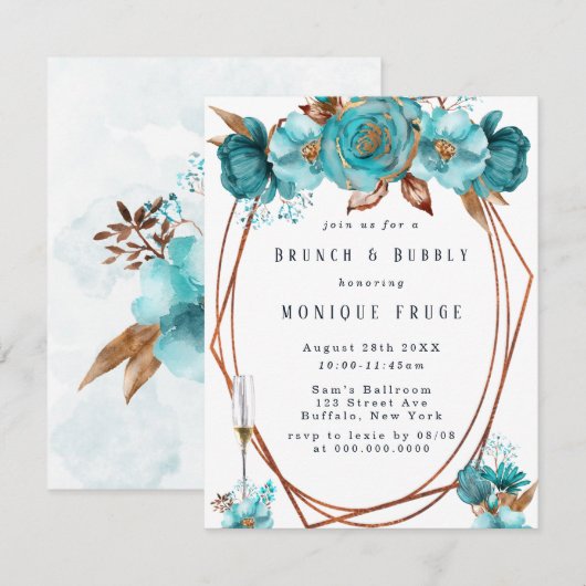 Turquoise Gold Peony Lijst Brunch & Bubble Invites Kaart (Voorkant / Achterkant)