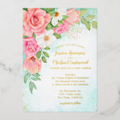 Turquoise Gold Pink Rose Bouquet Floral Wedding Folie Uitnodiging (Voorkant)