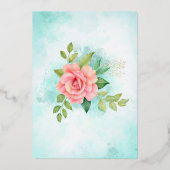 Turquoise Gold Pink Rose Floral Botanical Wedding Folie Uitnodiging (Achterkant)