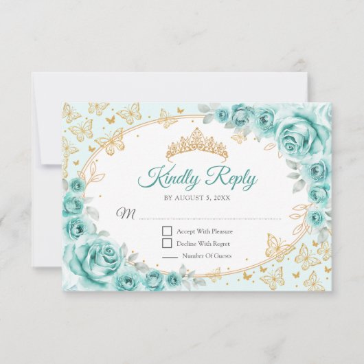 Turquoise Gold Quinceanera Reply RSVP Kaartje (Voorkant)