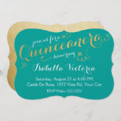 Turquoise & Gold Script Quinceanera Kaart (Voorkant / Achterkant)