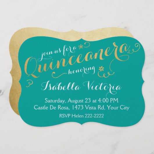Turquoise & Gold Script Quinceanera Kaart (Voorkant / Achterkant)