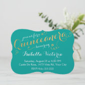Turquoise & Gold Script Quinceanera Kaart (Staand voorkant)