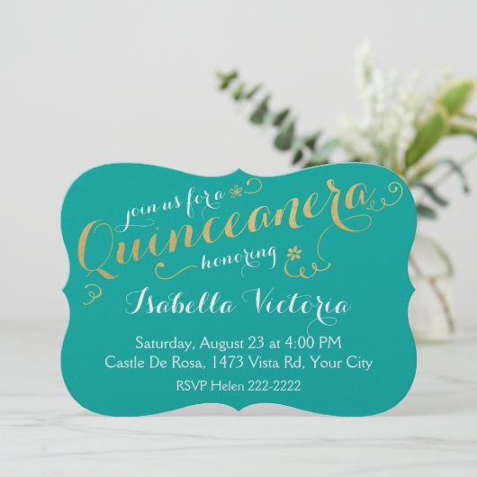 Turquoise & Gold Script Quinceanera Kaart (Staand voorkant)