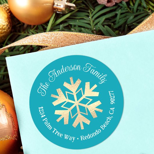 Turquoise Gold Snowflake Modern Simple Address Ronde Sticker