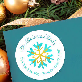 Turquoise Gold Snowflake Modern Simple Address Ronde Sticker